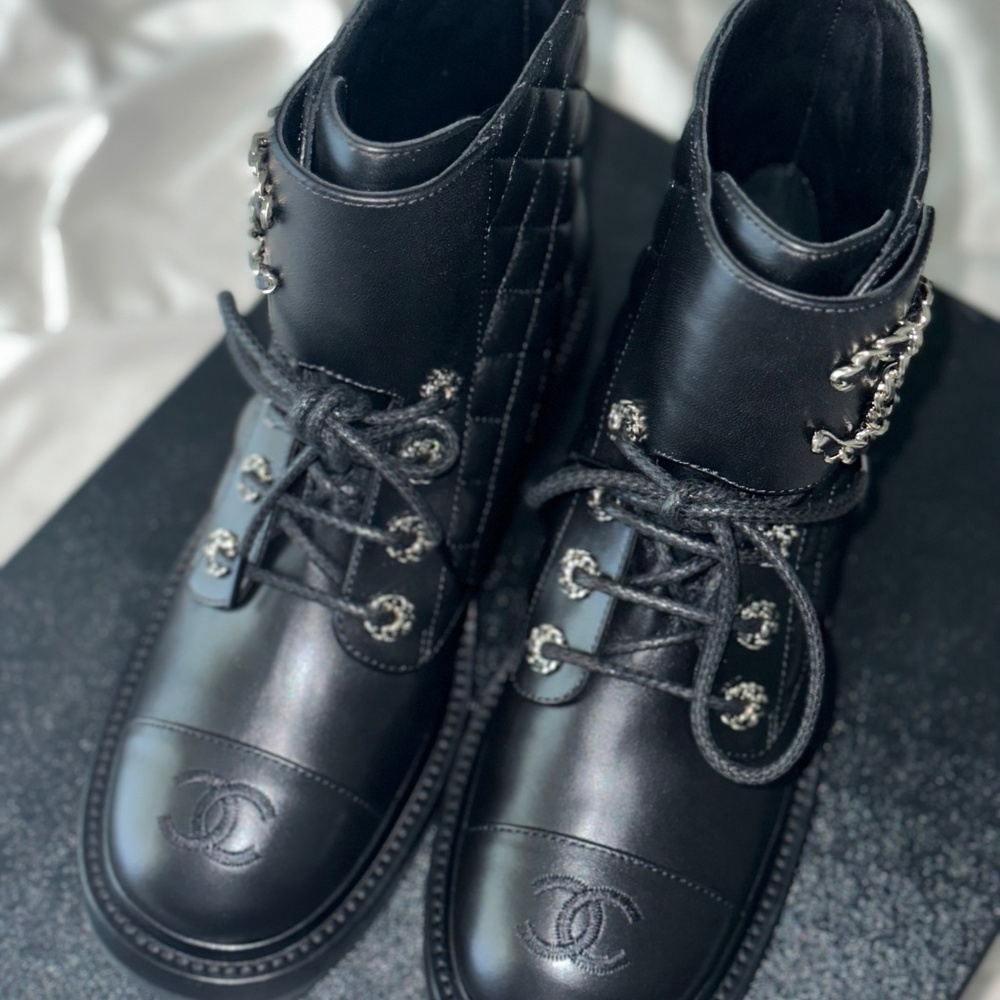 Chanel Shiny Lambskin Quilted Lace Up Combat Boots - Picture 9 of 13